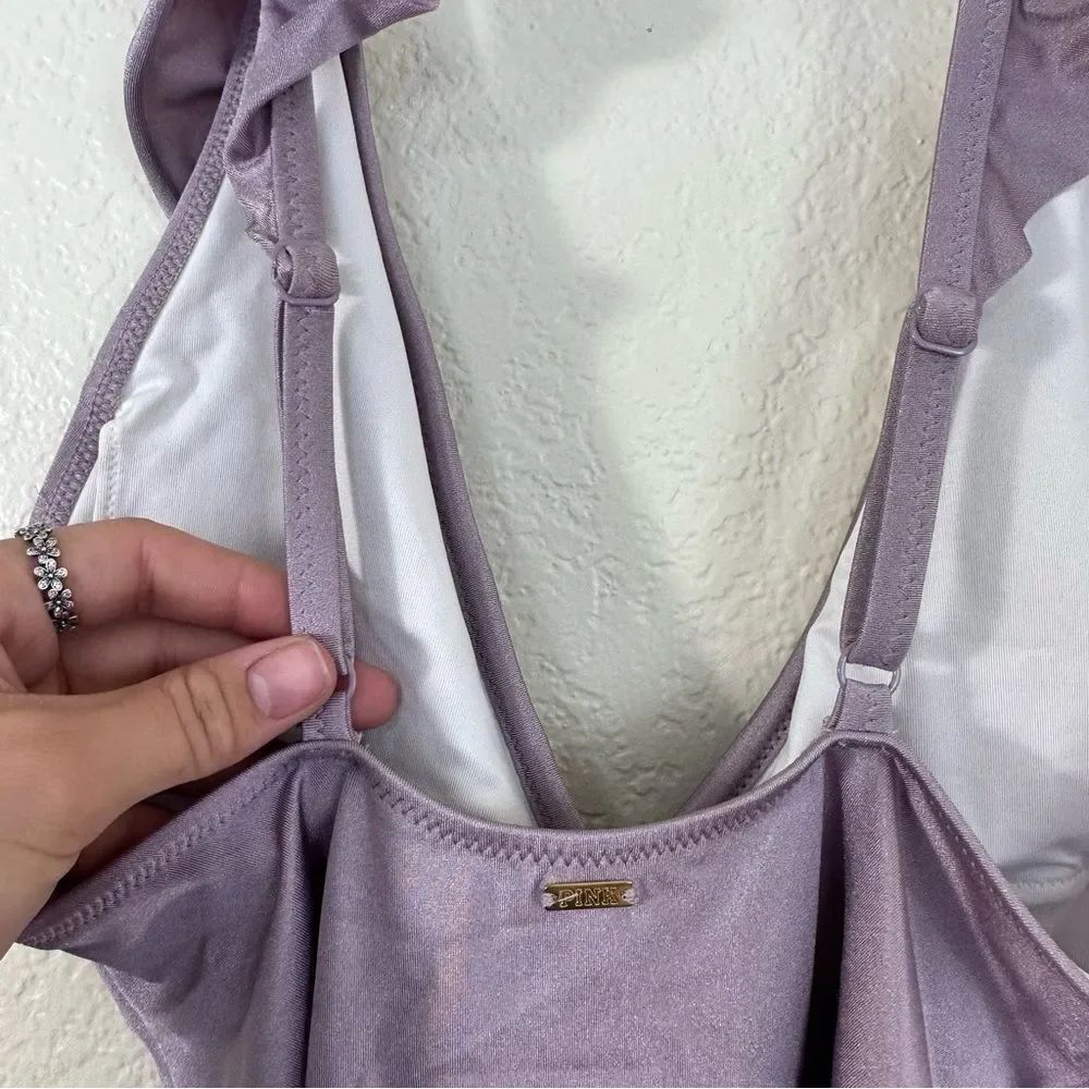 PINK VS Shine Ruffle One Piece Swimsuit in Metallic Lilac Size S